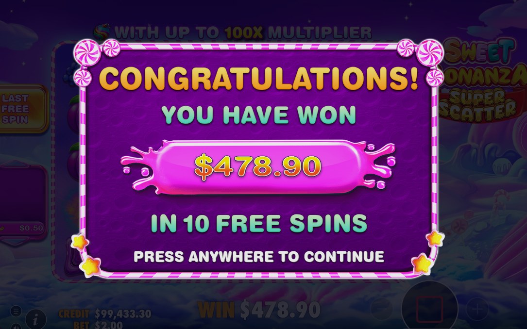 Win screen after tumble wins on the 6x5 grid